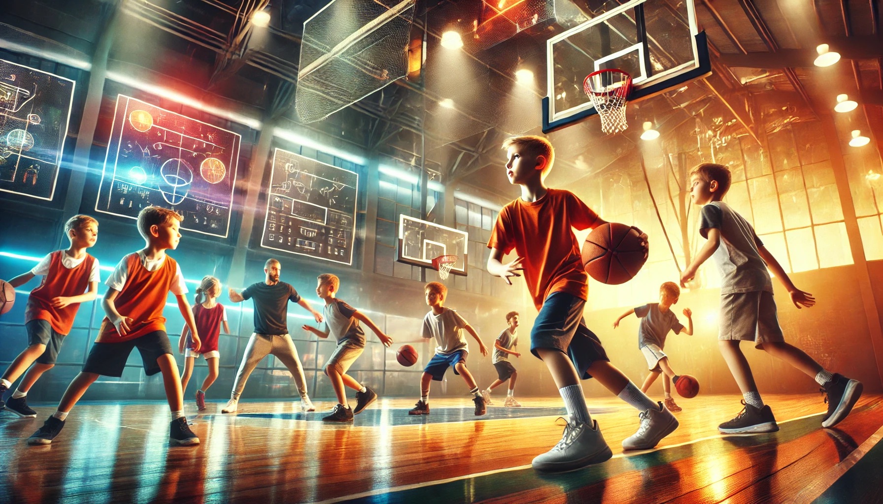 Illustration: Kinder und Jugendliche beim Basketballtraining in einer Halle