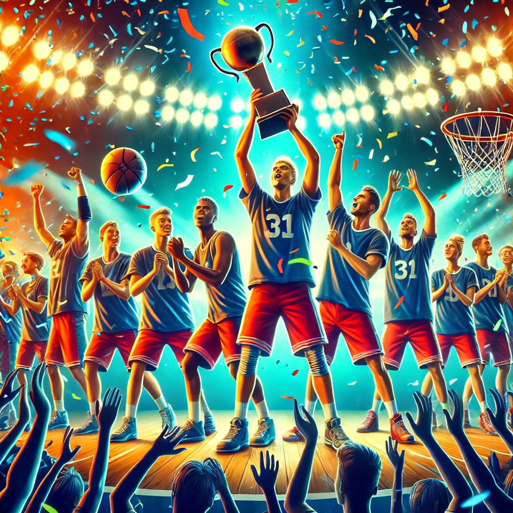 Illustration: Basketballteam feiert mit einem Pokal